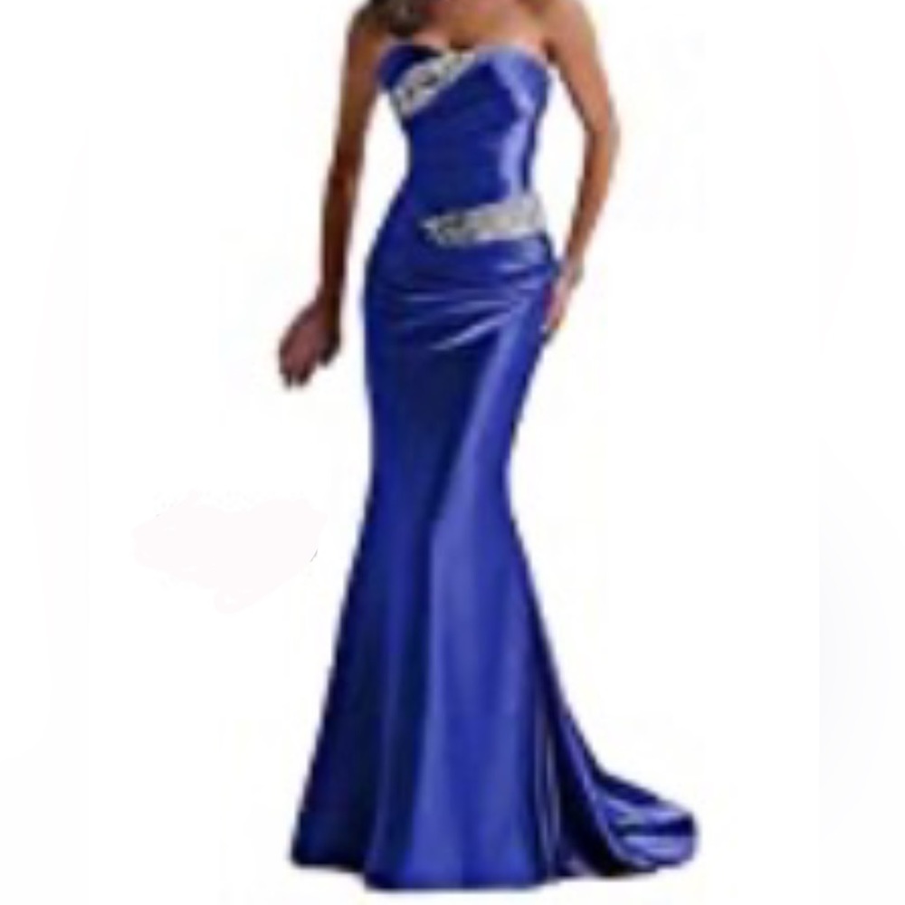 Elegant Strapless Royal Blue Evening Gown with Crystal Trim